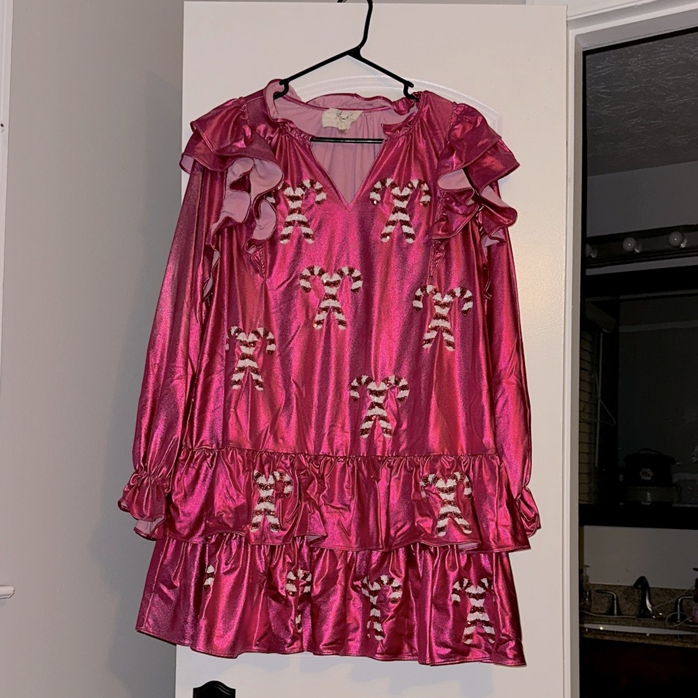 Pink Ruffled Dress with Candy Cane Pattern